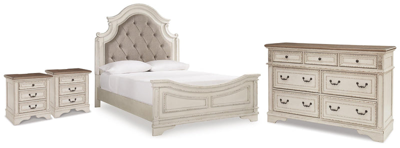 Realyn Two-tone Queen Upholstered Panel Bed, Dresser and 2 Nightstands - B743B67