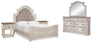 Realyn Two-tone Queen Upholstered Panel Bed, Dresser, Mirror and 2 Nightstands - B743B49