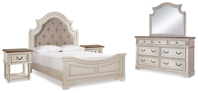 Realyn Two-tone Queen Upholstered Panel Bed, Dresser, Mirror and 2 Nightstands - B743B49
