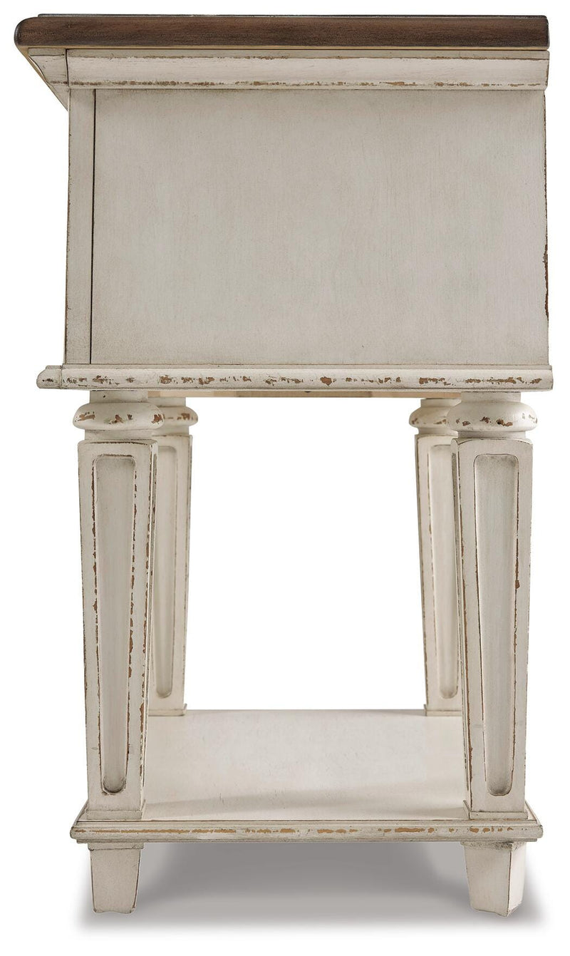 Realyn Two-tone Queen Upholstered Panel Bed, Dresser, Mirror and 2 Nightstands - B743B49