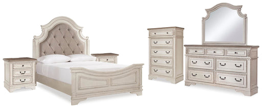 Realyn Two-tone Queen Upholstered Panel Bed, Dresser, Mirror, Chest and 2 Nightstands - B743B61
