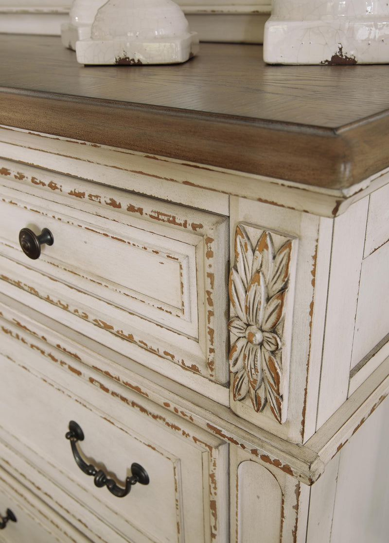 Realyn Two-tone Queen Upholstered Panel Bed, Dresser, Mirror, Chest and Nightstand - B743B47