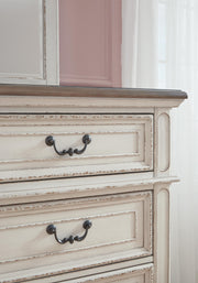 Realyn Two-tone Queen Upholstered Panel Bed, Dresser, Mirror, Chest and Nightstand - B743B47