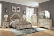 Realyn Two-tone Queen Upholstered Panel Bed with Storage, Dresser and Nightstand - B743B57