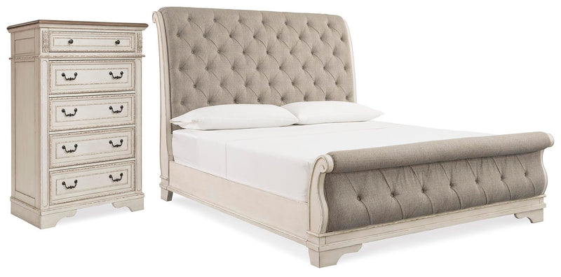 Realyn Two-tone Queen Upholstered Sleigh Bed and Chest - B743B29