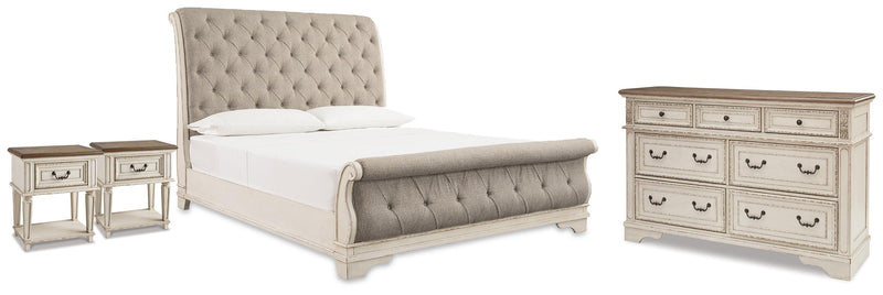 Realyn Two-tone Queen Upholstered Sleigh Bed, Dresser and 2 Nightstands - B743B84