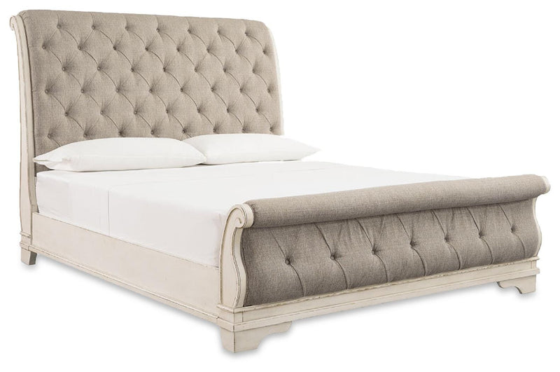 Realyn Two-tone Queen Upholstered Sleigh Bed, Dresser and 2 Nightstands - B743B84