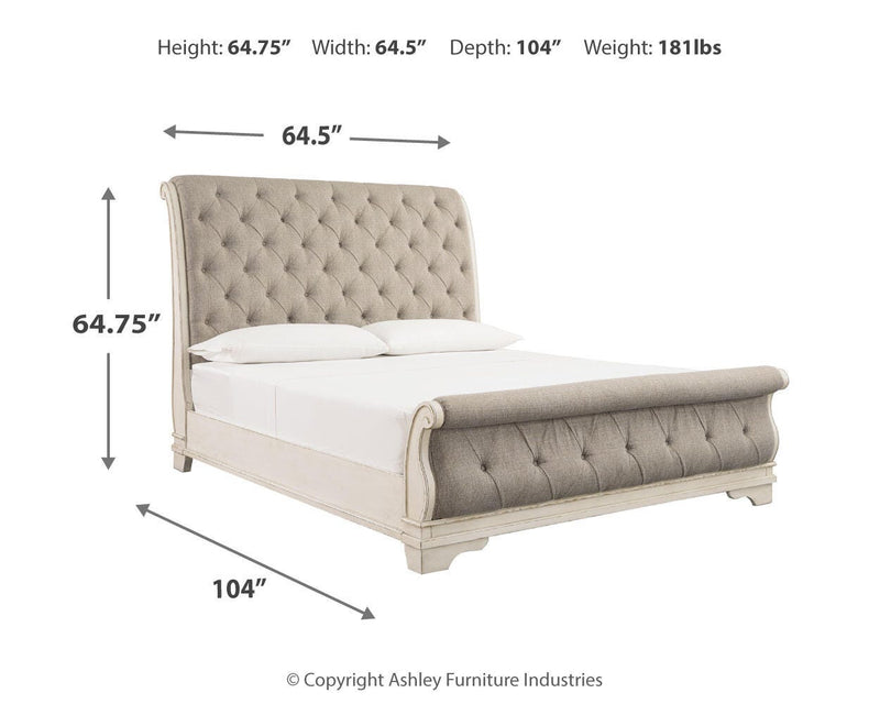 Realyn Two-tone Queen Upholstered Sleigh Bed, Dresser and 2 Nightstands - B743B84
