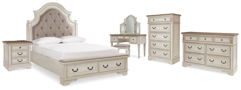 Realyn Two-tone Queen Upholstery Panel Bed, Dresser, Chest, Nightstand, and Vanity Set - B743B35