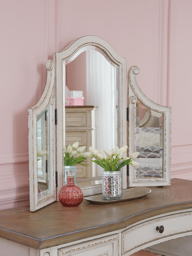Realyn Two-tone Queen Upholstery Panel Bed, Dresser, Chest, Nightstand, and Vanity Set - B743B35