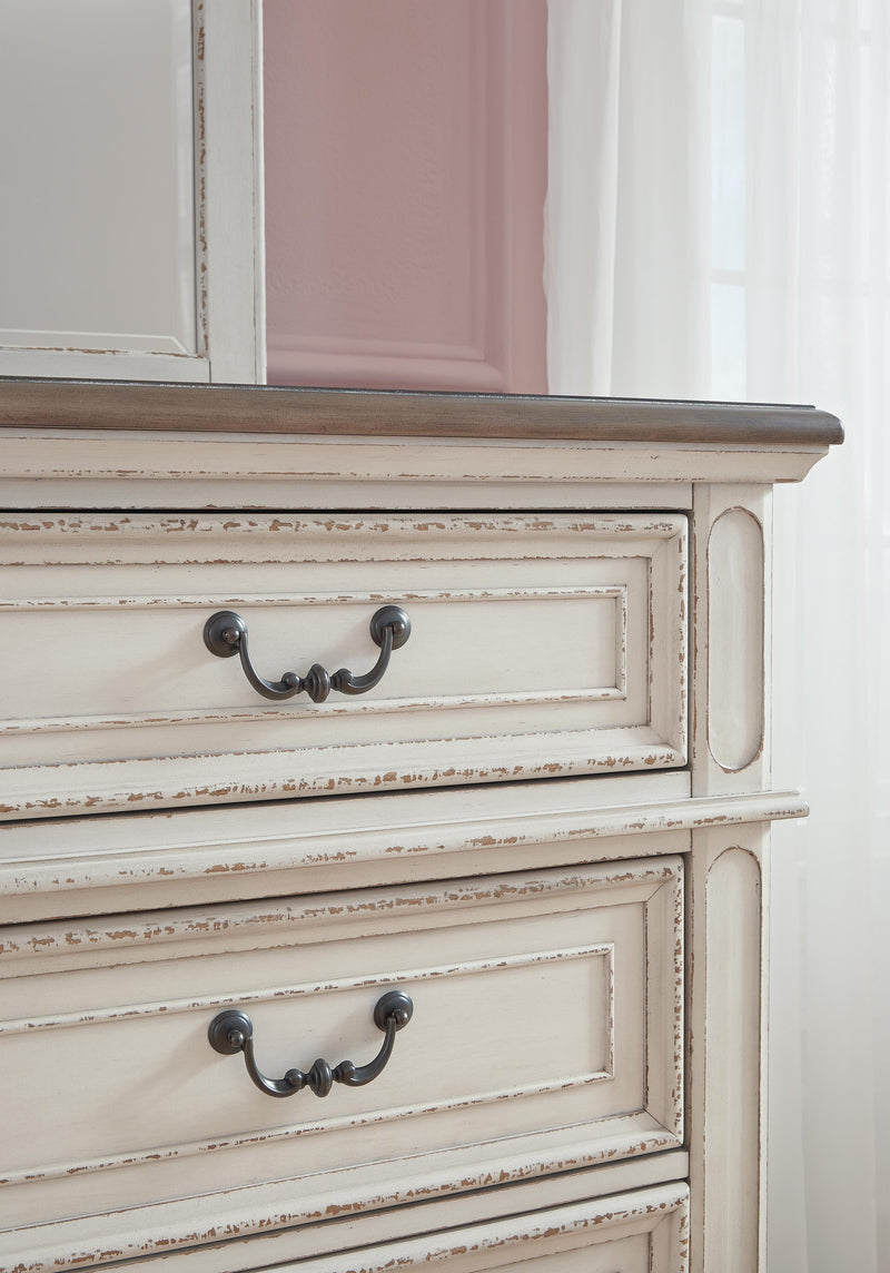 Realyn Two-tone Queen Upholstery Panel Bed, Dresser, Chest, Nightstand, and Vanity Set - B743B35