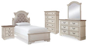 Realyn Two-tone Twin Panel Bed, Dresser, Mirror, Chest and Nightstand - B743B44