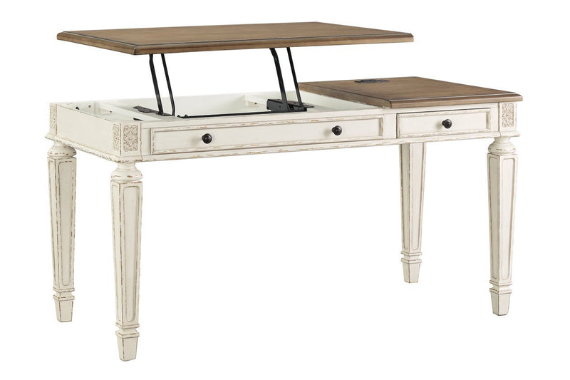 Realyn White/Brown Home Office Lift Top Desk - Gate FurnitureOffice Desks