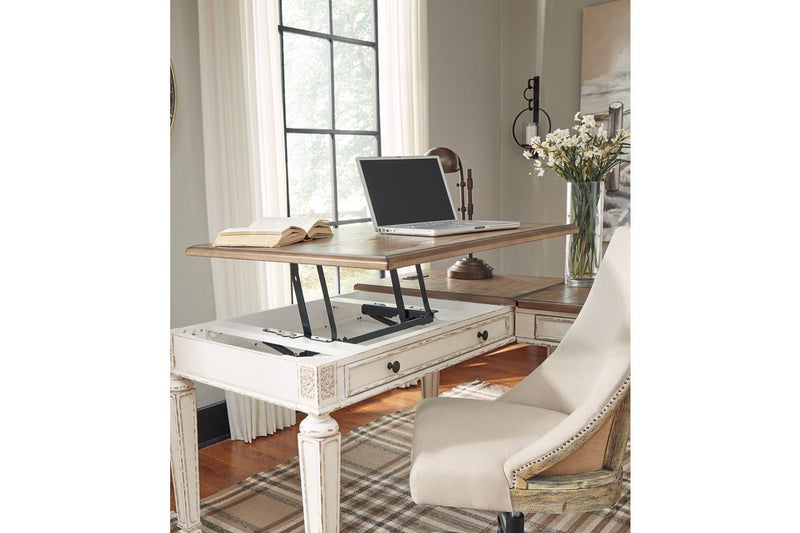 Realyn White/Brown Home Office Lift Top Desk - Gate FurnitureOffice Desks