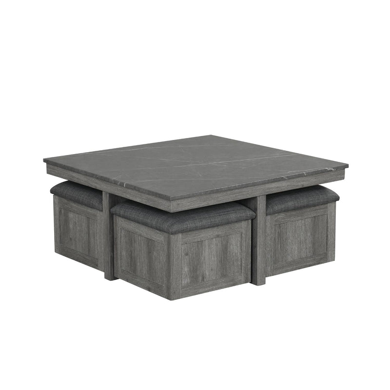 Reef – Gray 5PC Coffee Table Set. Includes 4 Cushioned Storage Ottomans - T144-C-Table