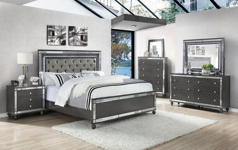 Refino Gray Queen LED Upholstered Panel Bed - Gate FurnitureQueen Bed