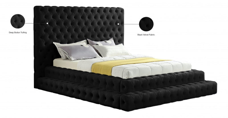 Revel Velvet Queen Bed (3 Boxes) Black - Gate FurnitureQueen Bed