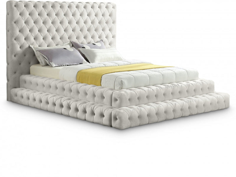 Revel Velvet Queen Bed (3 Boxes) Cream - Gate FurnitureQueen Bed