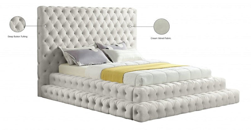 Revel Velvet Queen Bed (3 Boxes) Cream - Gate FurnitureQueen Bed