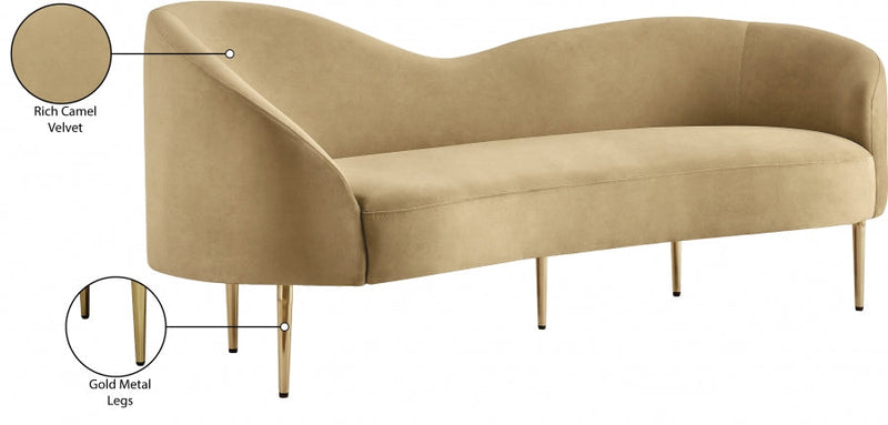 Ritz 85.5" Velvet Upholstered Sofa in Camel - 659Camel-S