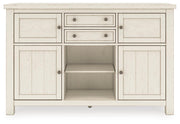 Robbinsdale Antique White Counter Height Dining Table, 2 Barstools, Bench and Server - D642D8
