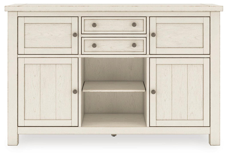Robbinsdale Antique White Counter Height Dining Table, 2 Barstools, Bench and Server - D642D8