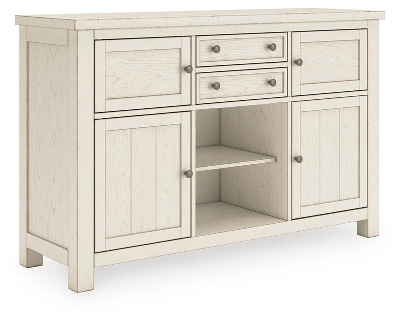 Robbinsdale Antique White Counter Height Dining Table, 2 Barstools, Bench and Server - D642D8