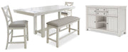 Robbinsdale Antique White Counter Height Dining Table, 2 Barstools, Bench and Server - D642D8