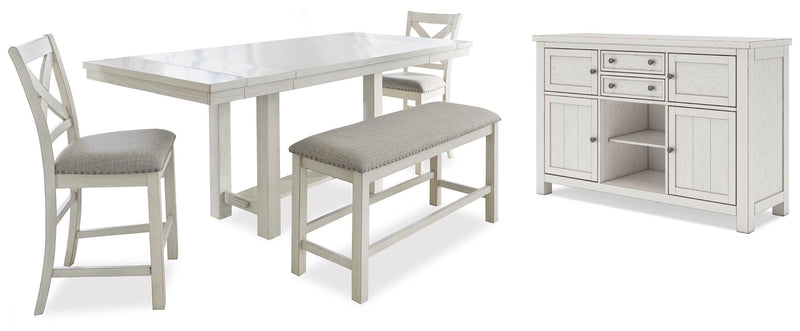 Robbinsdale Antique White Counter Height Dining Table, 2 Barstools, Bench and Server - D642D8