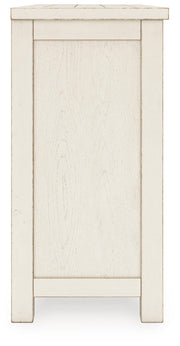 Robbinsdale Antique White Counter Height Dining Table, 2 Barstools, Bench and Server - D642D8