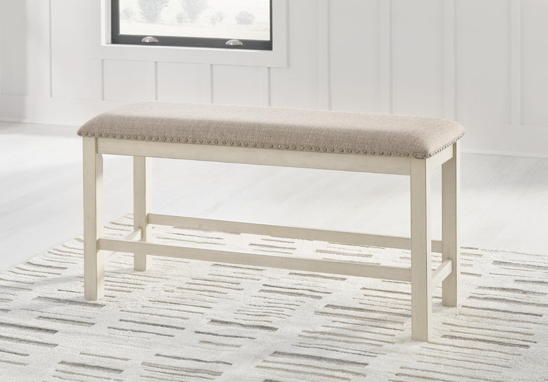 Robbinsdale Antique White Counter Height Dining Table, 2 Barstools, Bench and Server - D642D8