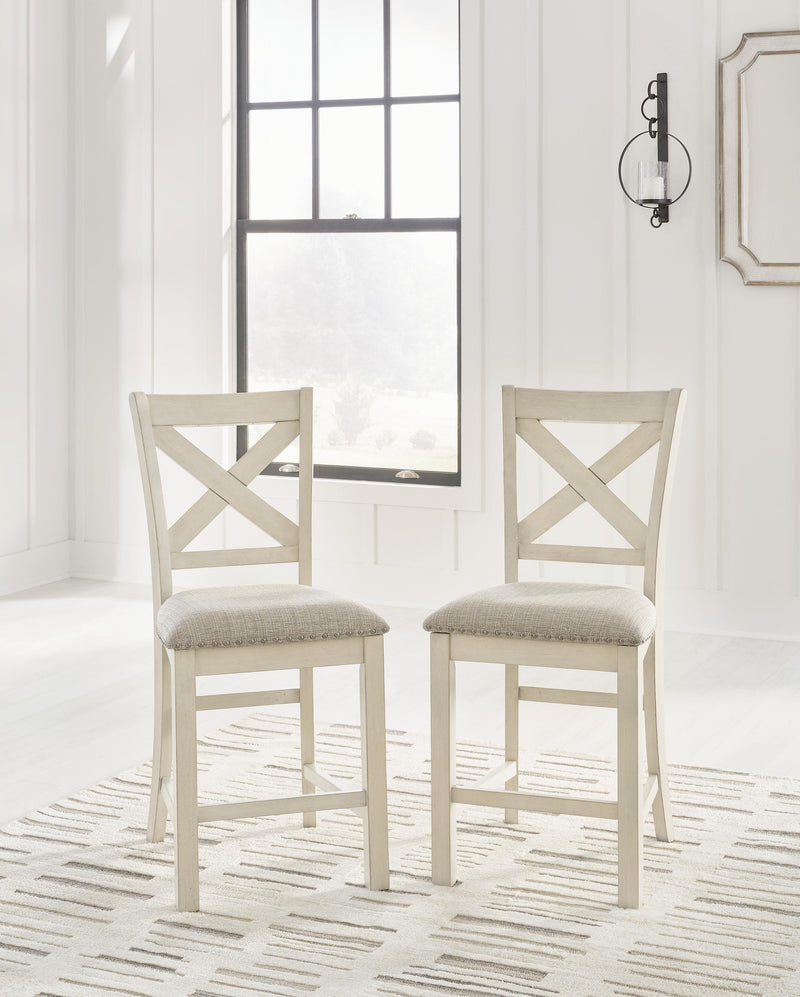 Robbinsdale Antique White Counter Height Dining Table, 2 Barstools, Bench and Server - D642D8
