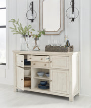 Robbinsdale Antique White Counter Height Dining Table, 2 Barstools, Bench and Server - D642D8