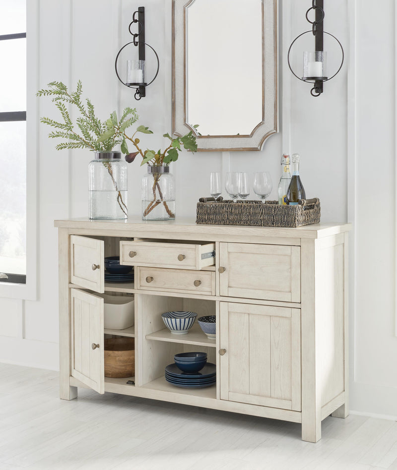 Robbinsdale Antique White Counter Height Dining Table, 2 Barstools, Bench and Server - D642D8