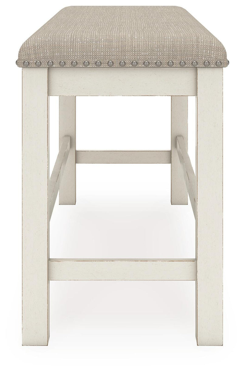 Robbinsdale Antique White Counter Height Dining Table, 2 Barstools, Bench and Server - D642D8