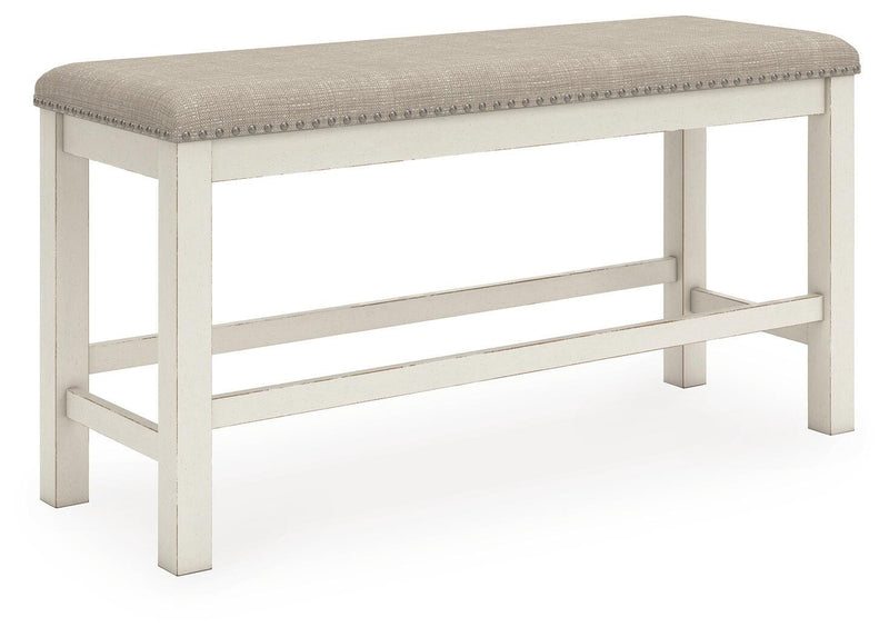Robbinsdale Antique White Counter Height Dining Table, 2 Barstools, Bench and Server - D642D8