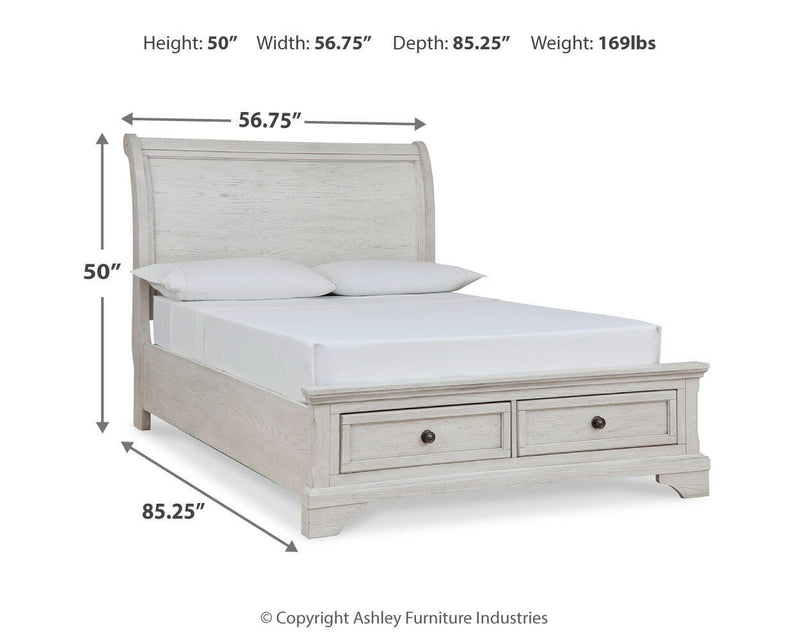 Robbinsdale Antique White Full Storage Sleigh Bed, Dresser, Mirror, Chest and Nightstand - B742B42