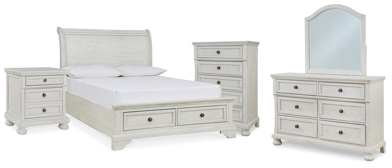 Robbinsdale Antique White Full Storage Sleigh Bed, Dresser, Mirror, Chest and Nightstand - B742B42