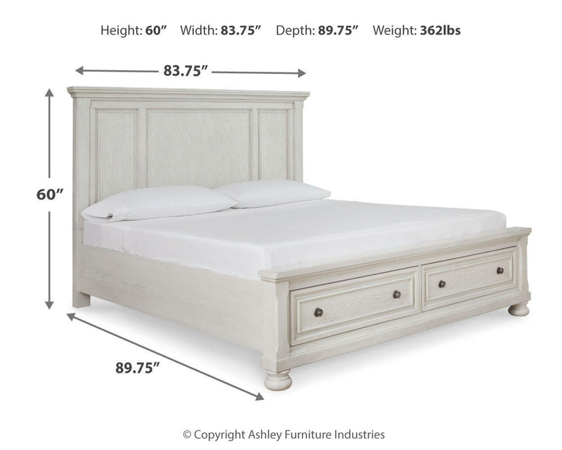 Robbinsdale Antique White King Storage Bed and 2 Nightstands - B742B37