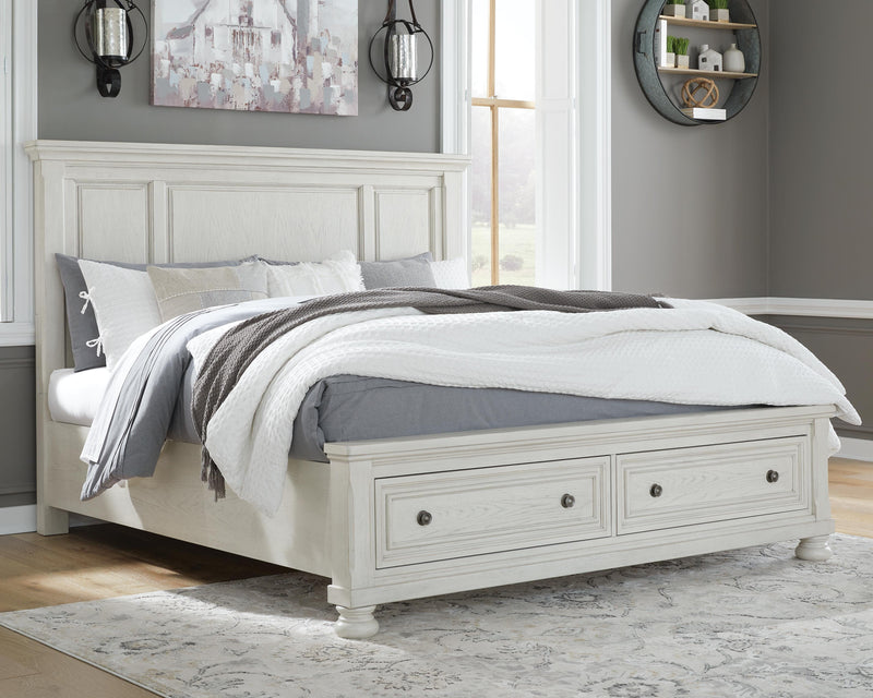 Robbinsdale Antique White King Storage Bed and 2 Nightstands - B742B37