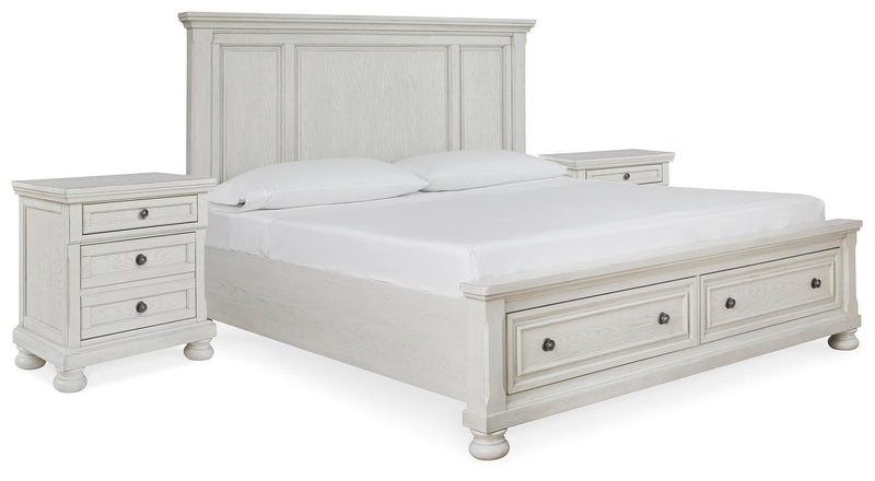 Robbinsdale Antique White King Storage Bed and 2 Nightstands - B742B37