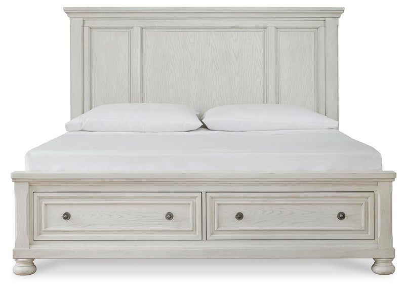 Robbinsdale Antique White King Storage Bed and 2 Nightstands - B742B37