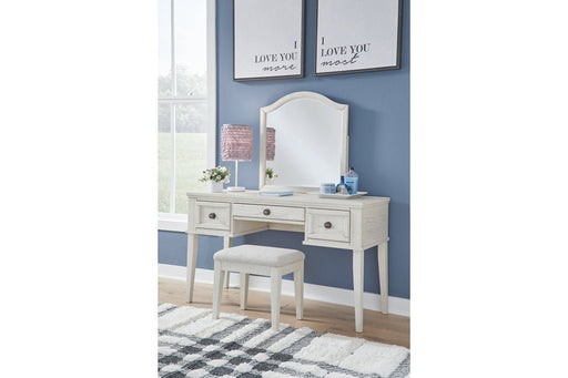 Robbinsdale Antique White Mirrored Vanity with Bench - Gate FurnitureVanity Set