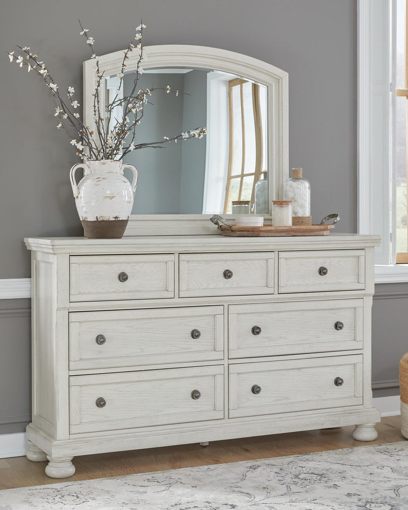 Robbinsdale Antique White Queen Panel Storage Bed, Dresser, Mirror and Chest - B742B27