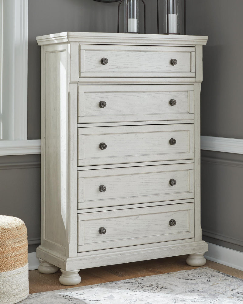 Robbinsdale Antique White Queen Panel Storage Bed, Dresser, Mirror and Chest - B742B27