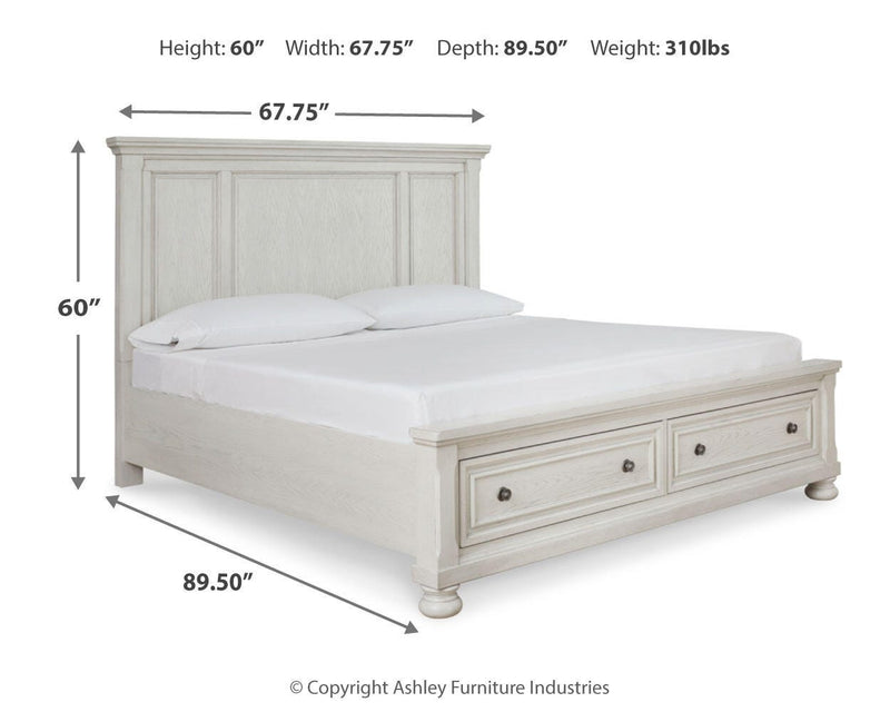 Robbinsdale Antique White Queen Panel Storage Bed, Dresser, Mirror and Chest - B742B27