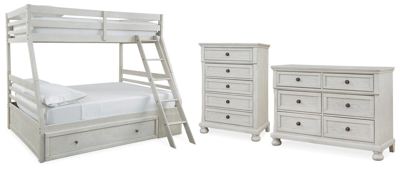 Robbinsdale Antique White Twin over Full Bunk Bed, Dresser and Chest - B742B32