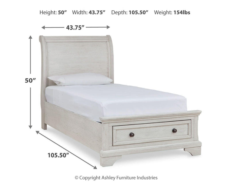 Robbinsdale Antique White Twin Storage Bed, Dresser, Mirror and Nightstand - B742B36