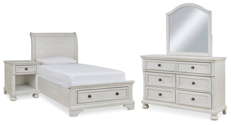 Robbinsdale Antique White Twin Storage Bed, Dresser, Mirror and Nightstand - B742B36