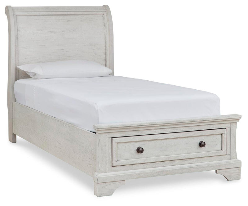 Robbinsdale Antique White Twin Storage Bed, Dresser, Mirror and Nightstand - B742B36